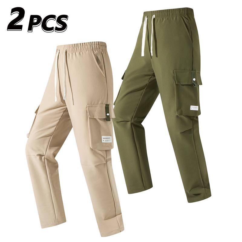 Men’s Cargo Pants - Menswear, Plain Basic Minimalist Polyester, Drawstring Elastic Waistband, Multiple Pockets, Versatile for Spring Autumn Everyday Casual Back-to-School Wear