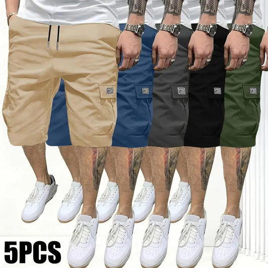 Men’s 5-Piece Extra Baggy Cargo Shorts Set - Men's Bottoms Activewear, Adjustable Drawstring Mid-Waist, Casual Chic Woven, Multi-Pocket, 4-Way Stretch, Cold Wash, Straight Cut, Summer Loose Jorts, Ideal for Camping, Father's Day Gifts, Extra Baggy Men's S