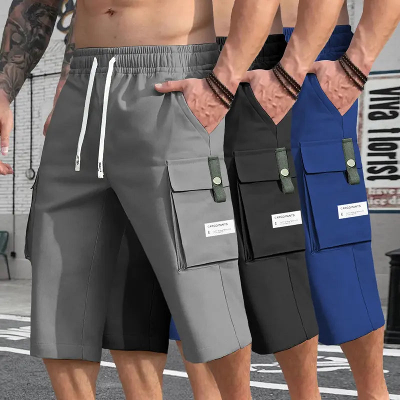 Men's Plain Street-Style 3-Piece Bermuda Drawstring Jorts Set (Black-Gray-Khaki), Relaxed Fit, Lightweight Fabric, Large Pockets, Athletic Menswear, Easy to Style, Ideal for Hot Weather & Outdoor Use, Drawstring Jorts Men's Shorts