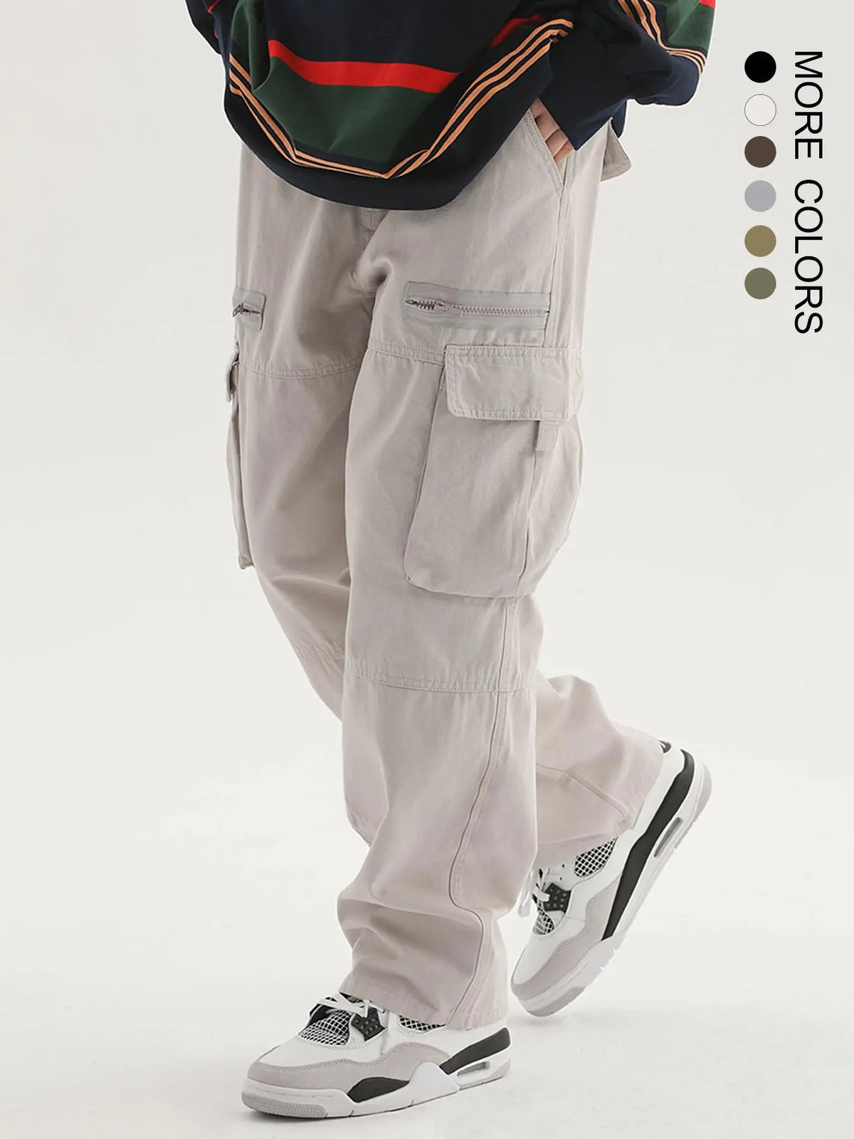 Trendy Multi-Pocket Zipper Loose Work Pants, American Vintage Straight Leg Cargo Pants, Street Style High-Street Casual Trousers, Casual Streetwear Trousers, Casual Drawstring Waist, Casual Everyday Workwear, Cargo Pocket Design