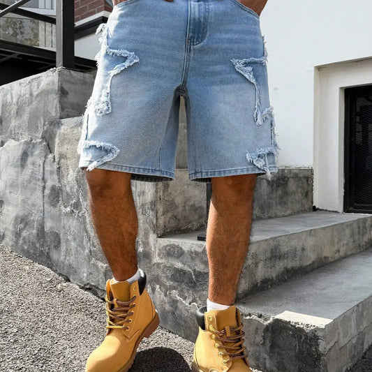 Light Blue American Vintage Washed Denim Five-Pocket Shorts for Men, Summer Loose-Fit Baggy Slimming Wide-Leg Star-Print Casual Summer Style Shorts