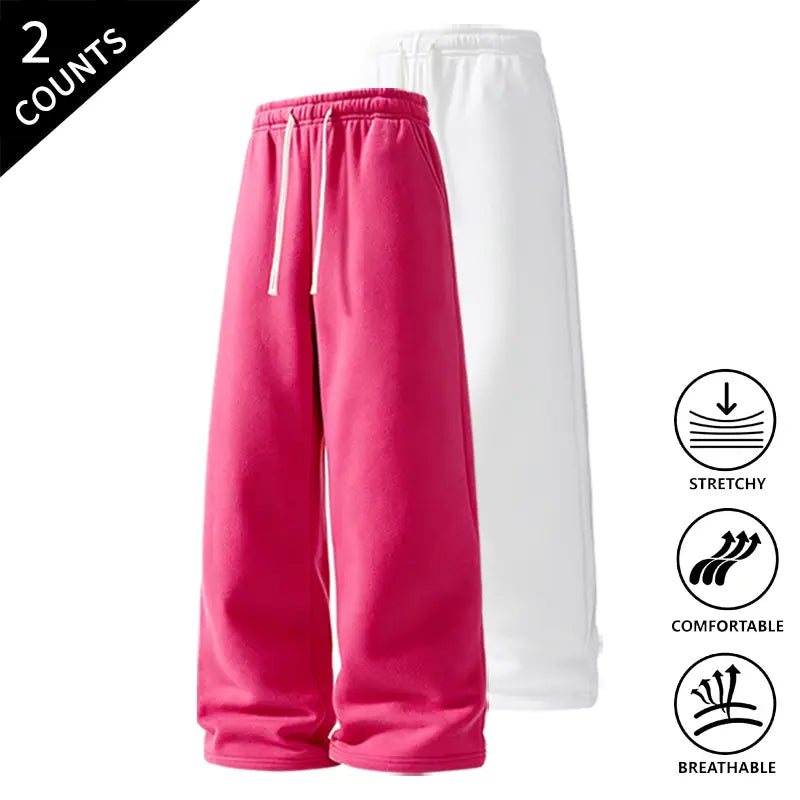 Men’s 2-Pack Baggy Sweatpants - Mid-Waist Plain Casual Straight-Leg Menswear Pants with Drawstring Waist, Comfortable, Stretchable, Breathable, Ideal for Loungewear, Travel