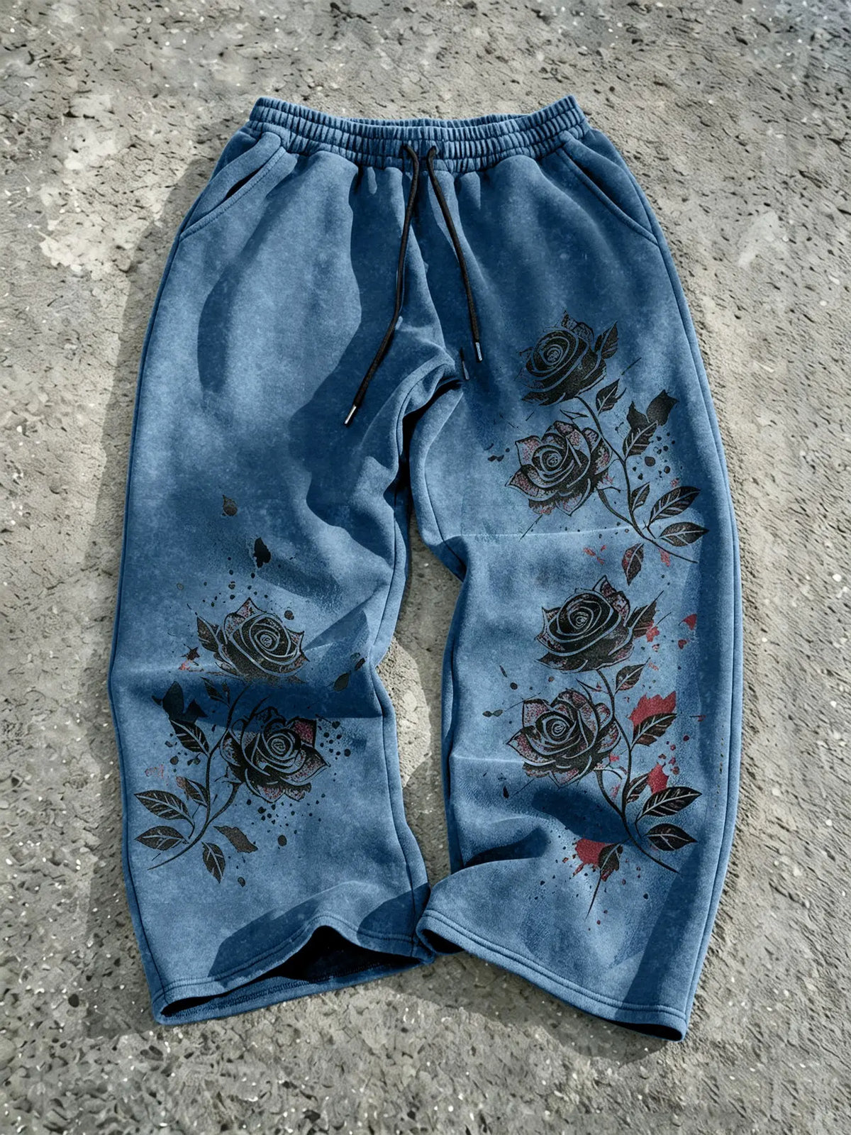 Men's Y2K Gothic Rose Print Long Pants, Casual Wide Leg Pants, All Seasons Wear, Casual Trouser