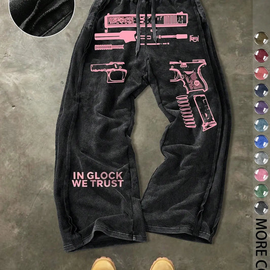 Men's Casual Cotton Sport Pants, Gun Pattern Print, Drawstring Waist, Ankle Length, Street Style, Streetwear, All Seasons, Ideal Gift