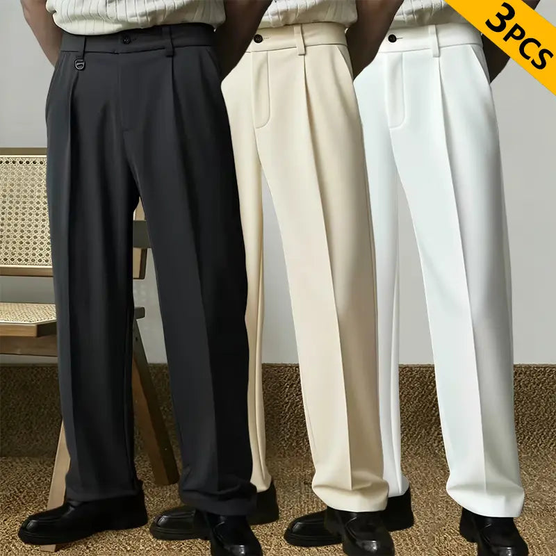 Men's 3-Pack Classic Straight-Leg Chic Pants - Polyester Solid Color with Pockets, Retro Japanese Business Casual Men's Pants for Daily Wear & Commuting, Chic Men's Pants
