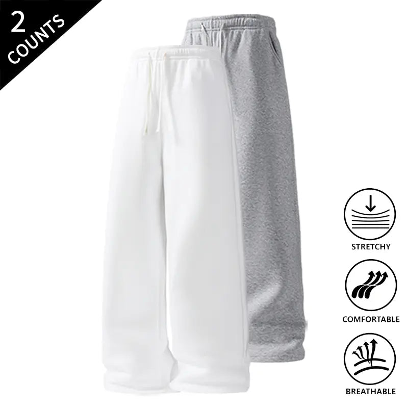 Men’s 2-Pack Baggy Sweatpants - Mid-Waist Plain Casual Straight-Leg Menswear Pants with Drawstring Waist, Comfortable, Stretchable, Breathable, Ideal for Loungewear, Travel
