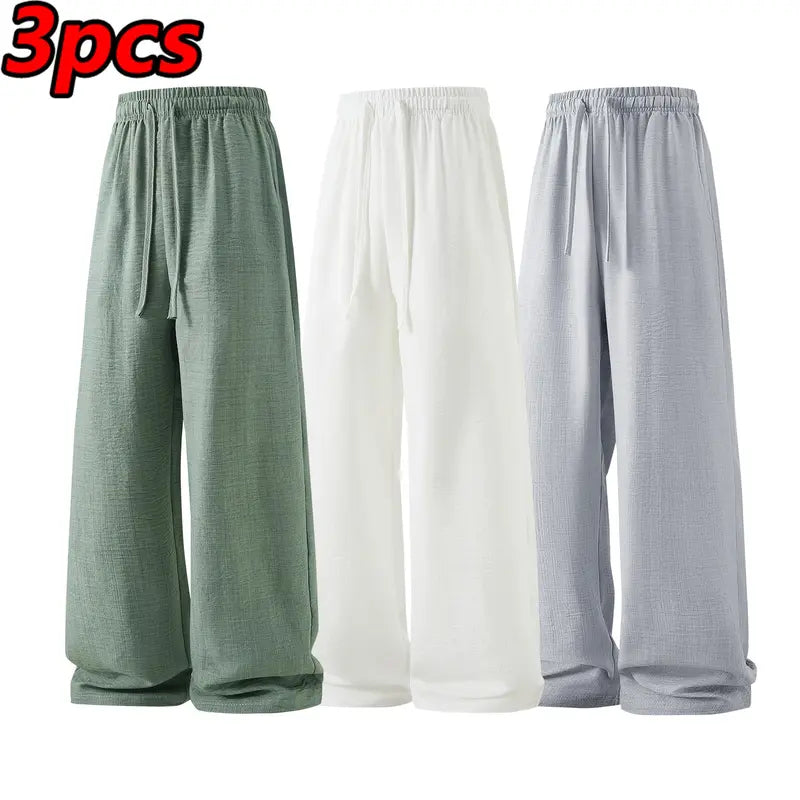 Men’s Retro Summer Lightweight Plain Pants - 100% Polyester, Loose Fit, Drawstring Tie, Breathable, Stylish, Minimalist Design, Belt-Ready for Indoor Gatherings, Outdoor Activities