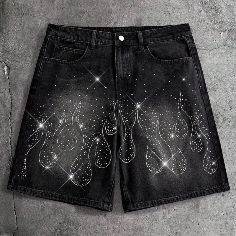 Men's High-Cotton Flame Pattern Rhinestone Accents Denim Shorts - Vintage Black Washed Loose-Fit Menswear Fashion Short-Length Men's Jeans, Y2K Trendy Casual Summer Knee-Length Bottoms