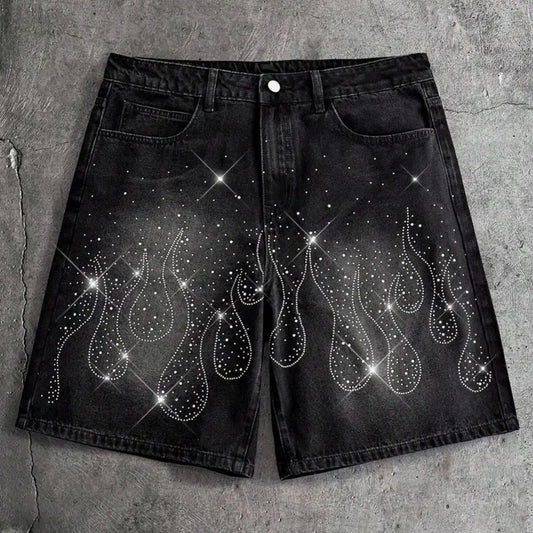 Men's High-Cotton Flame Pattern Rhinestone Accents Denim Shorts - Vintage Black Washed Loose-Fit Menswear Fashion Short-Length Men's Jeans, Y2K Trendy Casual Summer Knee-Length Bottoms