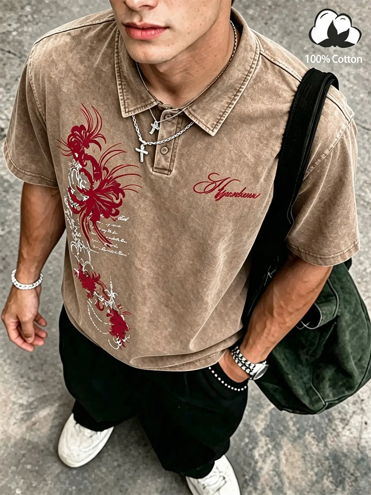 Unisex Dark Gothic Casual 100% Cotton Washed Floral Spider Lily Print Oversized Polo Shirt, Y2K American Retro Top, High Street Style, Casual Polo Shirts