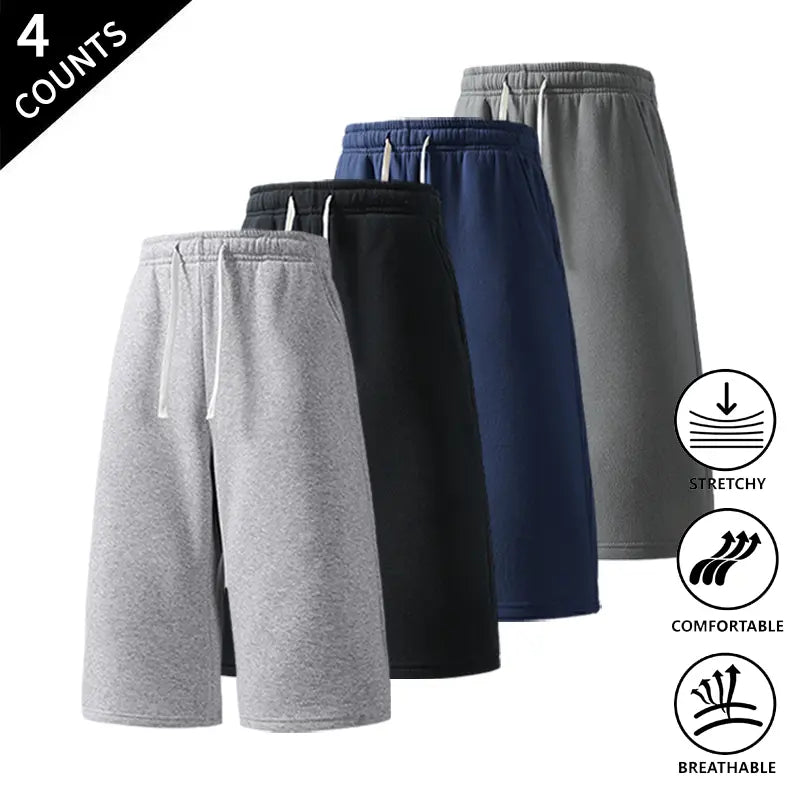 Men's Plain Stretchy Polyester Mid-Calf Cropped Trousers 4-Pack - Activewear Bottoms, Move with Ease, Outdoor Ready for Casual Use - Light Gray, Black, Rose Red, Navy Blue