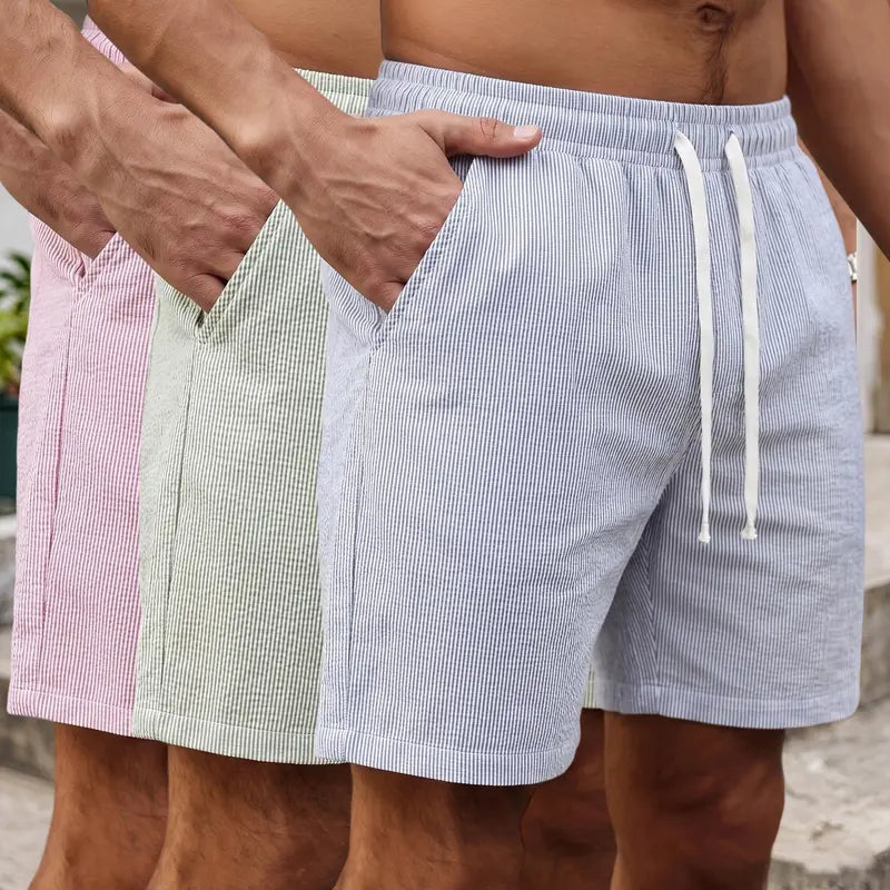 Men’s summer casual fashion pleated mid-length striped shorts, lightweight and breathable, with an adjustable drawstring; suitable for travel, beach, swimming pool, home, and everyday outdoor activities.