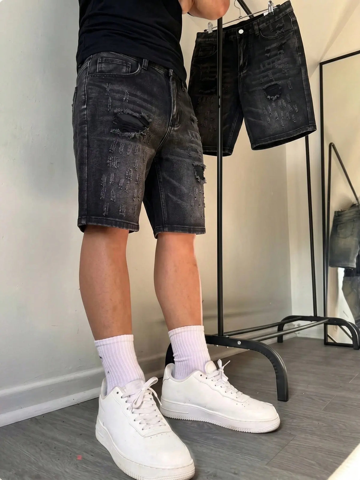 Summer Loose fit ripped 5-inch Loose Plain denim Jean shorts Cotton non-stretch straight cut, hip-hop streetwear street style, breathable & versatile, ideal for daily commuting casual wear