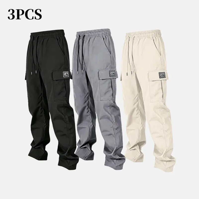Men’s solid color tactical cargo pants — durable outdoor training pants with sport pockets; suitable for all seasons; casual streetwear pants.