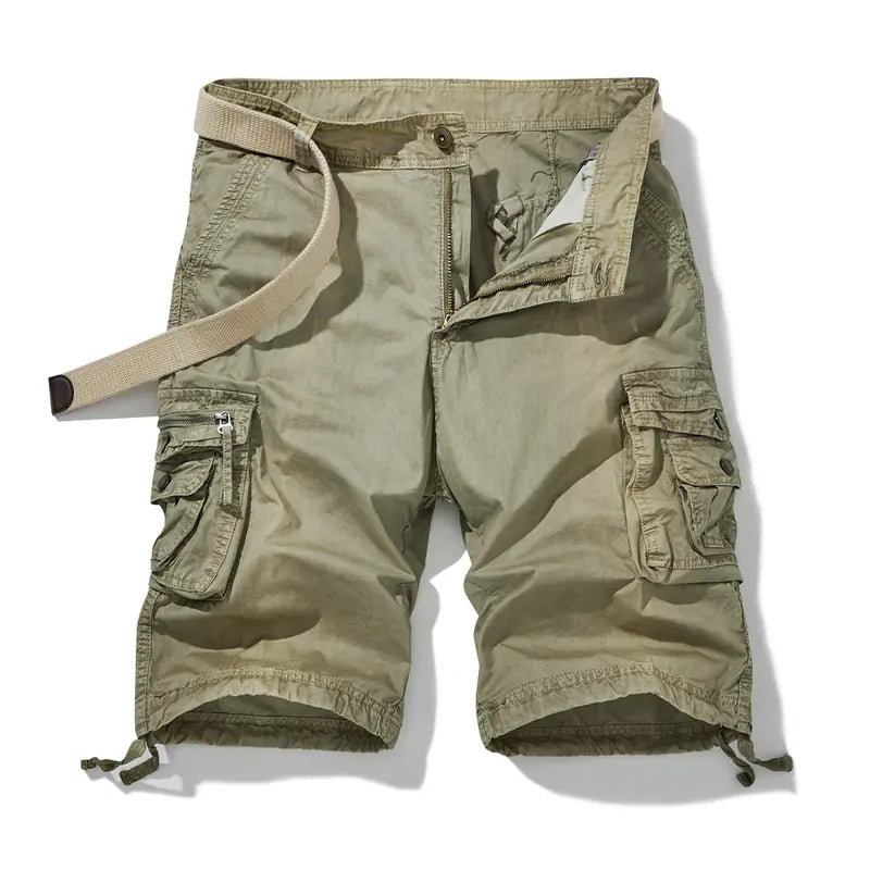 Men's Fashion Mid-Waist Cotton Basic Belted Cargo Shorts - Regular Fit, Multifunctional Pockets, Straight Design, Outdoor Ready, for Casual Wear