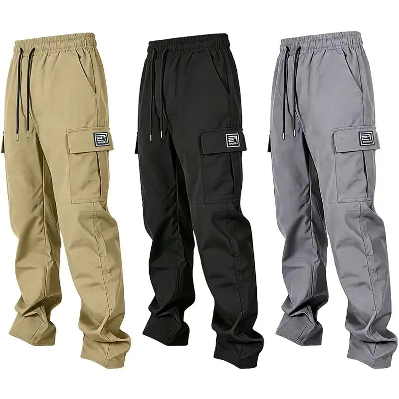 Men’s solid color tactical cargo pants — durable outdoor training pants with sport pockets; suitable for all seasons; casual streetwear pants.