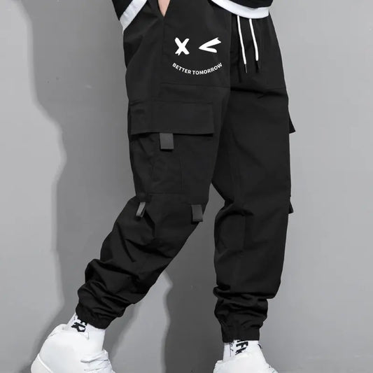 Men's Cartoon Face & Letter Print Drawstring Waist Cargo Pants, Casual Regular Fit Utility Jogger Bottoms, Men's Trousers for All Seasons, Pants for Men, Mens Pants, Pants for Men Menswear Grey