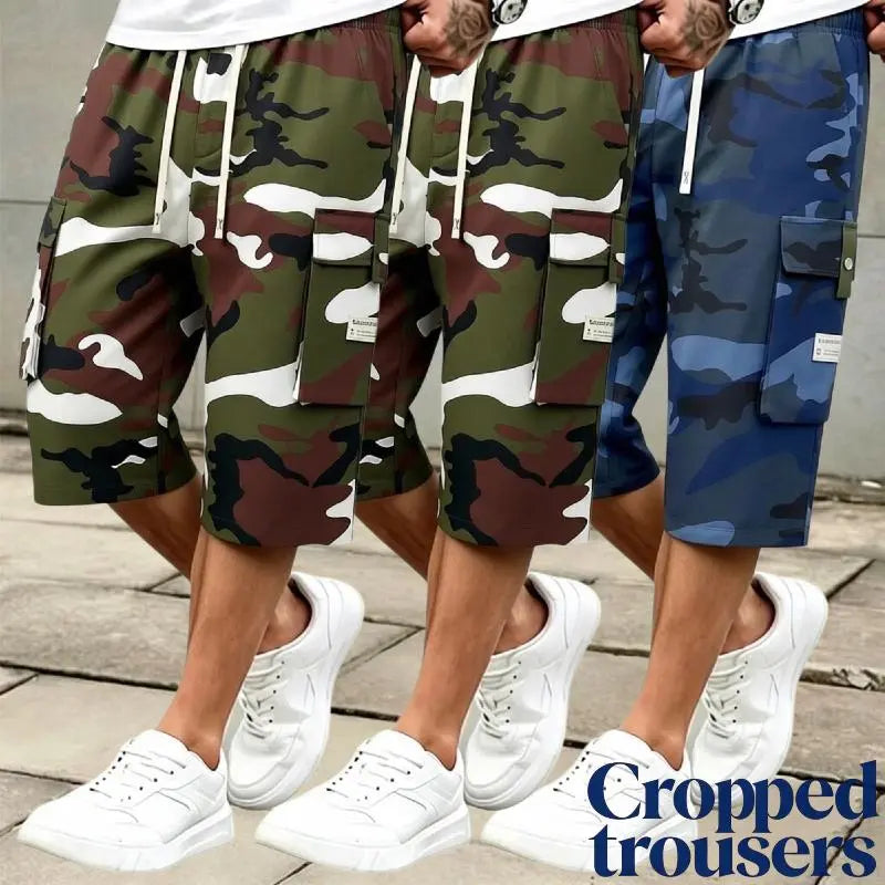 Men's 3-piece Camo Cargo seven-quarter trousers Capriers – Multi-Pocket Design, Drawstring Waistband, Casual Streetwear Shorts, Perfect for Everyday Wear & Urban Styling SpringStatements