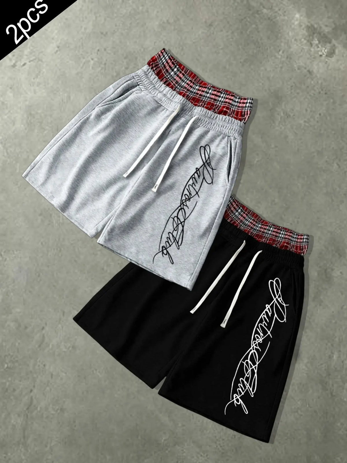 Men’s Oversized Baggy Knee Length Sweat Shorts Soft Breathable Terry Fabric Dual Layer Tartan Plaid Patchwork Waistband Elastic White Drawstring Casual Streetwear Shorts Elegant Cursive Script Signature White Letter Print Side Pocket Loose Summer Athletic