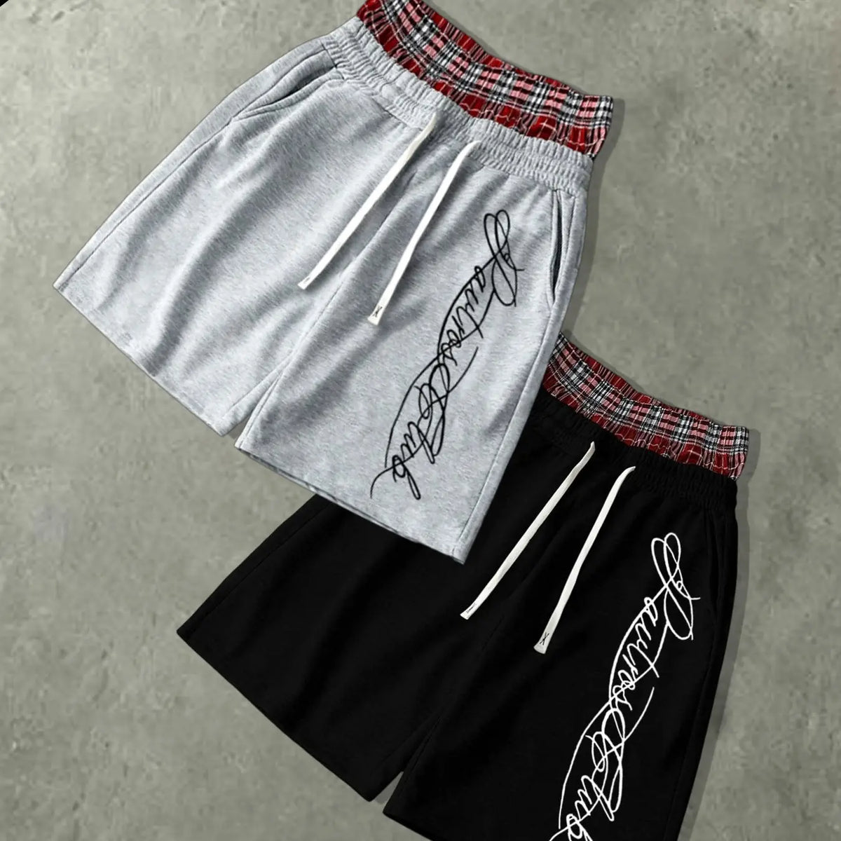 Men’s Oversized Baggy Knee Length Sweat Shorts Soft Breathable Terry Fabric Dual Layer Tartan Plaid Patchwork Waistband Elastic White Drawstring Casual Streetwear Shorts Elegant Cursive Script Signature White Letter Print Side Pocket Loose Summer Athletic
