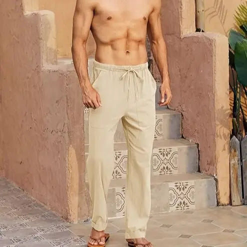 Runcati Men's Cotton Pants Yoga Beach Loose Summer Elastic Waist Drawstring Loose Pants with Pocket