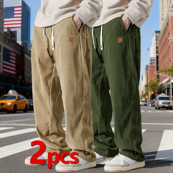 Men's 2-Pack Chic Cozy Long Cord Basics Pants - Men's Wear, Polyester Fabric, Washed Look, Loose Baggy Wide-Leg, Adjustable Drawstring, Pocketed for Autumn Winter Casual Wear