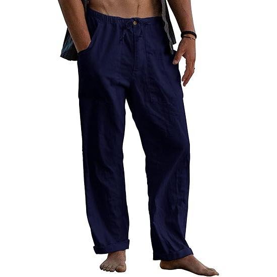 Runcati Men's Cotton Pants Yoga Beach Loose Summer Elastic Waist Drawstring Loose Pants with Pocket