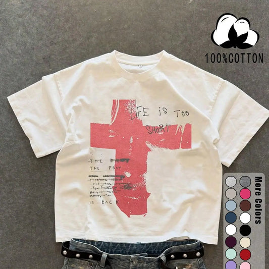 Unisex 100% Cotton Short Sleeve T-Shirt, Cross Graffiti Print, Y2K Dark Gothic Street Style, Streetwear, Casual Daily Wear, Loose-Fitting, Long Length, Aesthetic, Relaxed Fit