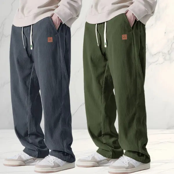 Men's 2-Pack Chic Cozy Long Cord Basics Pants - Men's Wear, Polyester Fabric, Washed Look, Loose Baggy Wide-Leg, Adjustable Drawstring, Pocketed for Autumn Winter Casual Wear