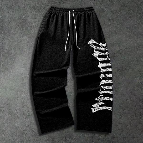 Men’s Gothic Graphic Print Wide-Leg Activewear Pants - Distressed Vintage Drawstring Athletic Fabric Sweatpants, Trendy Street-Style Sportswear Casual Long Pants