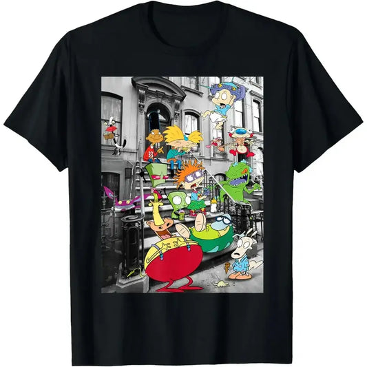 Men's Vintage Streetwear T-Shirt with Double-Sided 90s Cartoon Graphic, Casual Round Neck Short Sleeve Top in 100% Cotton