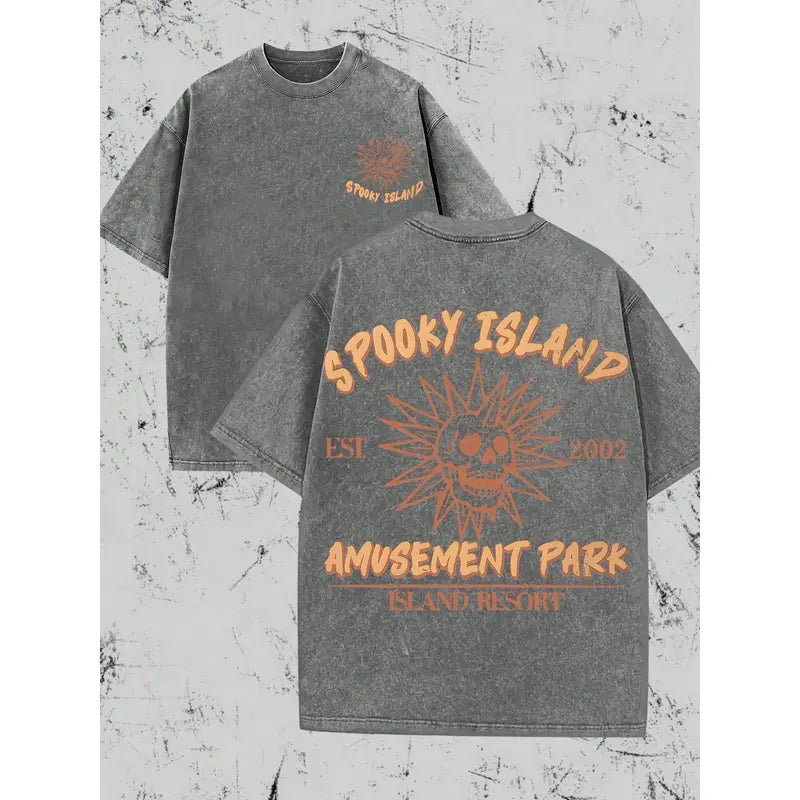 Men's Casual Round Neck Short-Sleeve T-Shirt - 100% Cotton, 2002 Ghost Island Weird Amusement Park Skull SPOOKY Island Retro Dark Fun Style, High-Quality Printing, Menswear