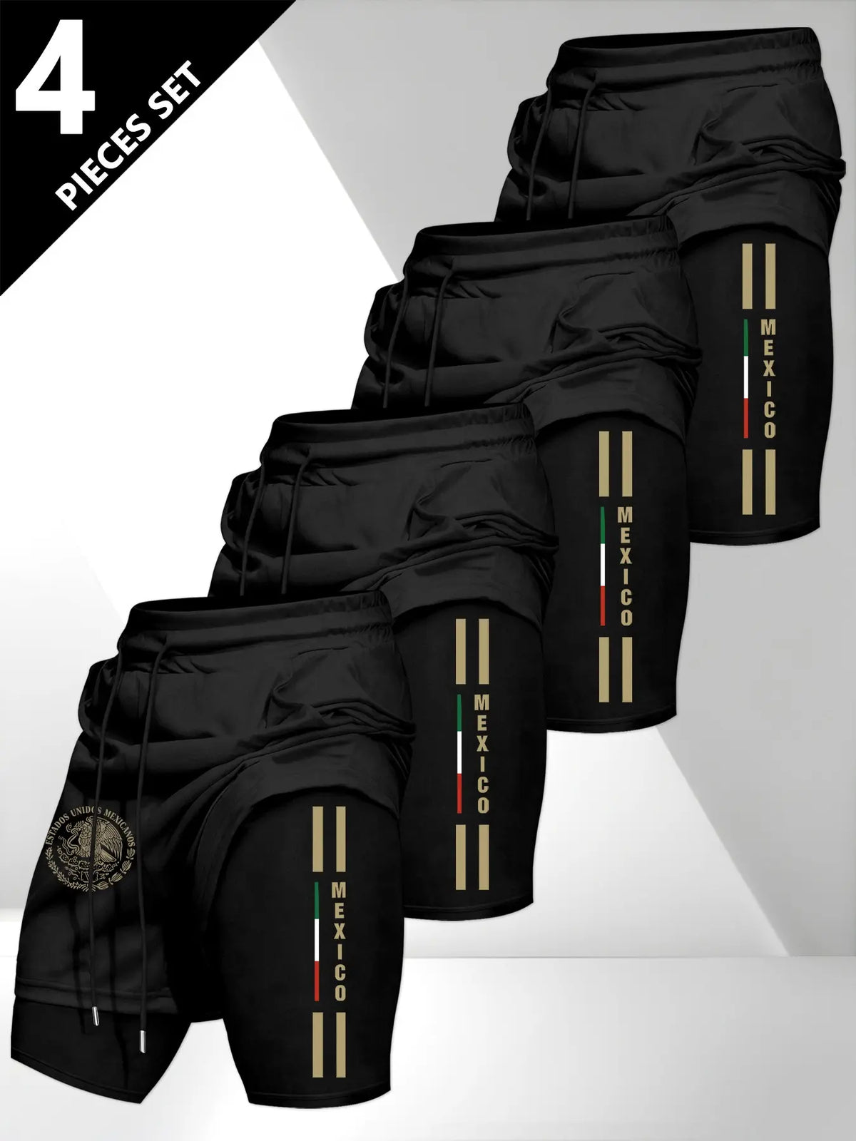 Men's Drawstring Pocket Waistband Daily, Sports Drawstring Shorts, Mexican Emblem Print, Comfortable Breathable Fabric, Durable Material, Perfect Gift