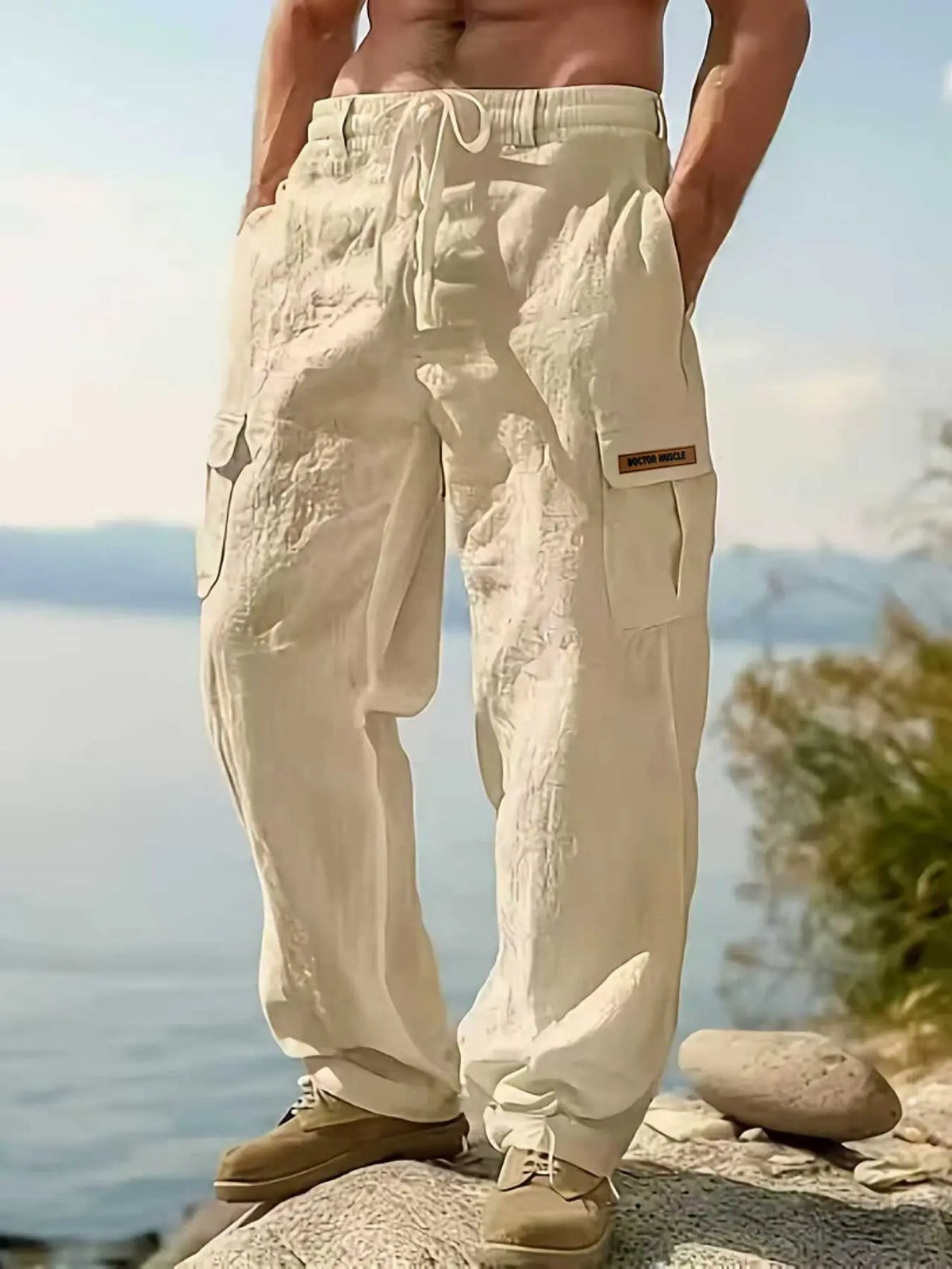 Men's Workwear Linen Pants Multi-Pocket Straight Leg, Breathable Bottom Plain Casual Pants for Spring & Fall, Outdoor Beach Wear