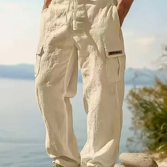 Men's Workwear Linen Pants Multi-Pocket Straight Leg, Breathable Bottom Plain Casual Pants for Spring & Fall, Outdoor Beach Wear