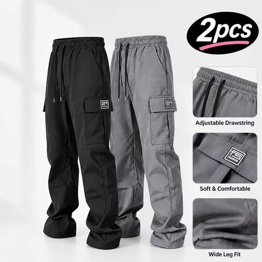 Men’s multi-color loose cargo wide-leg pants, 2-pack, elastic waistband + multiple pockets design, outdoor functional street-style streetwear piece, all-season wear suitable for all four seasons.