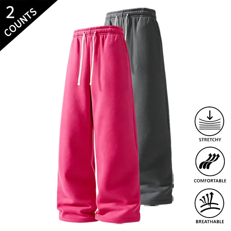 Men’s 2-Pack Baggy Sweatpants - Mid-Waist Plain Casual Straight-Leg Menswear Pants with Drawstring Waist, Comfortable, Stretchable, Breathable, Ideal for Loungewear, Travel