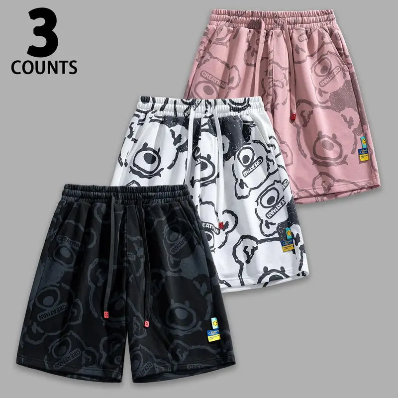 Men's Patterned Sketch Graphic Print Multipack Shorts - Lightweight, Washable Streetwear Outfits Bottoms with Relaxed Silhouette, Knee Above Length for Weekend Strolls, Hangouts