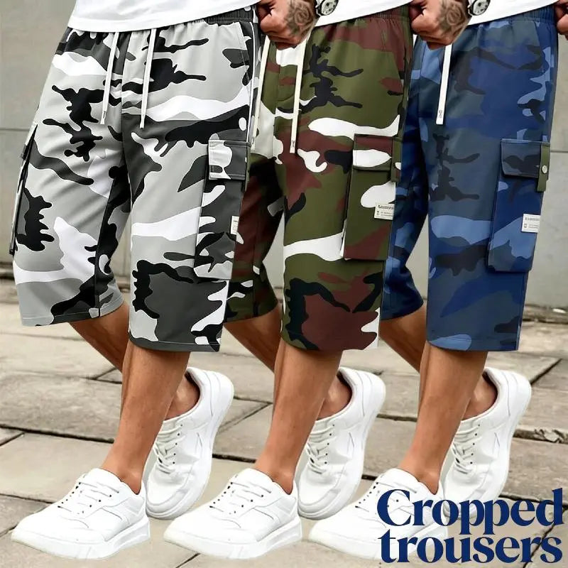 Men's 3-piece Camo Cargo seven-quarter trousers Capriers – Multi-Pocket Design, Drawstring Waistband, Casual Streetwear Shorts, Perfect for Everyday Wear & Urban Styling SpringStatements