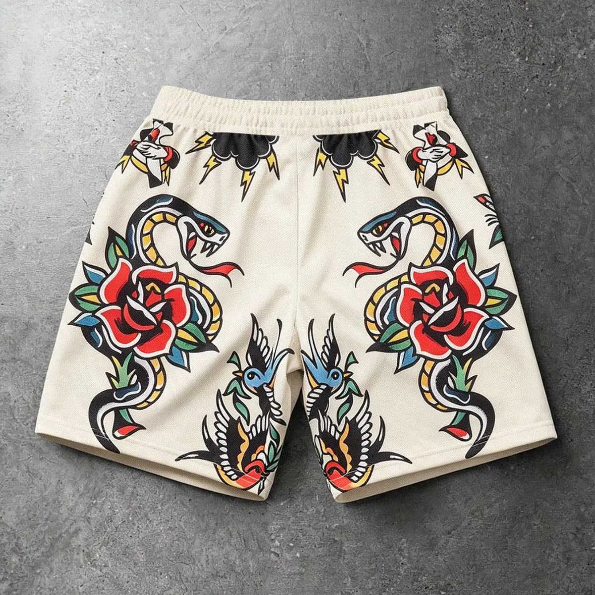 Men's Old School Tattoo Graphic Printed Mesh Shorts, Fashionable Summer Shorts, Rivet Trim Drawstring Streetwear Shorts, Breathable Lightweight Sports Shorts, Lightweight Casual Shorts