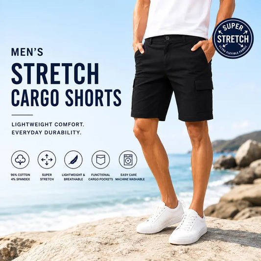 Mens 3-Pack Super Stretch Cargo Shorts with Button Closure and Zipper Pockets (Sizes: 30-42)