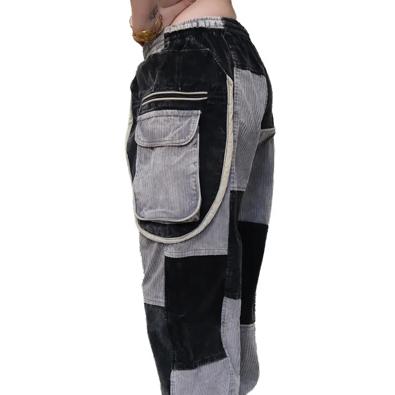 Patchwork Corduroy Baggy Tapered Cuffed Pants - Unisex  Compatible, Soft Unisex Boho Hippie Gothic Warm Fall Winter Trousers, Multi-Pocket Handmade Stylish Earth Tone Free Spirit XS-3XL Pants