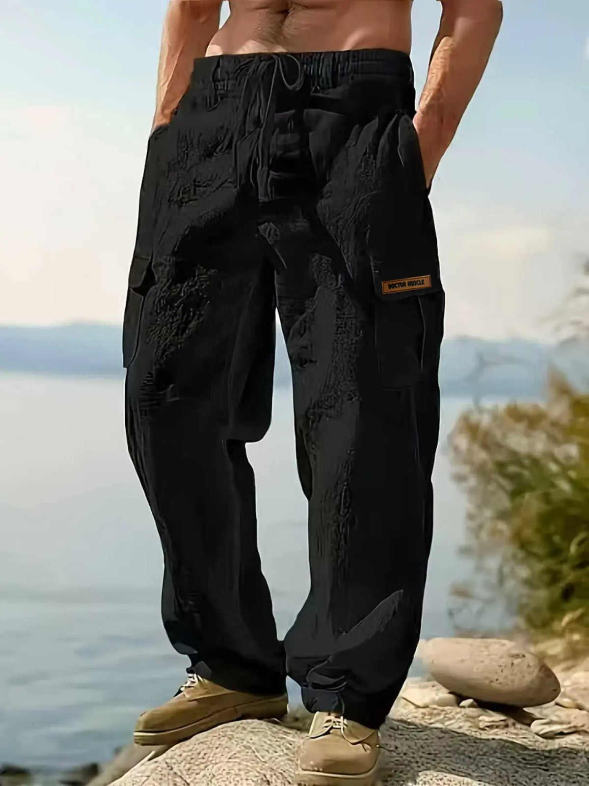 Men's Workwear Linen Pants Multi-Pocket Straight Leg, Breathable Bottom Plain Casual Pants for Spring & Fall, Outdoor Beach Wear