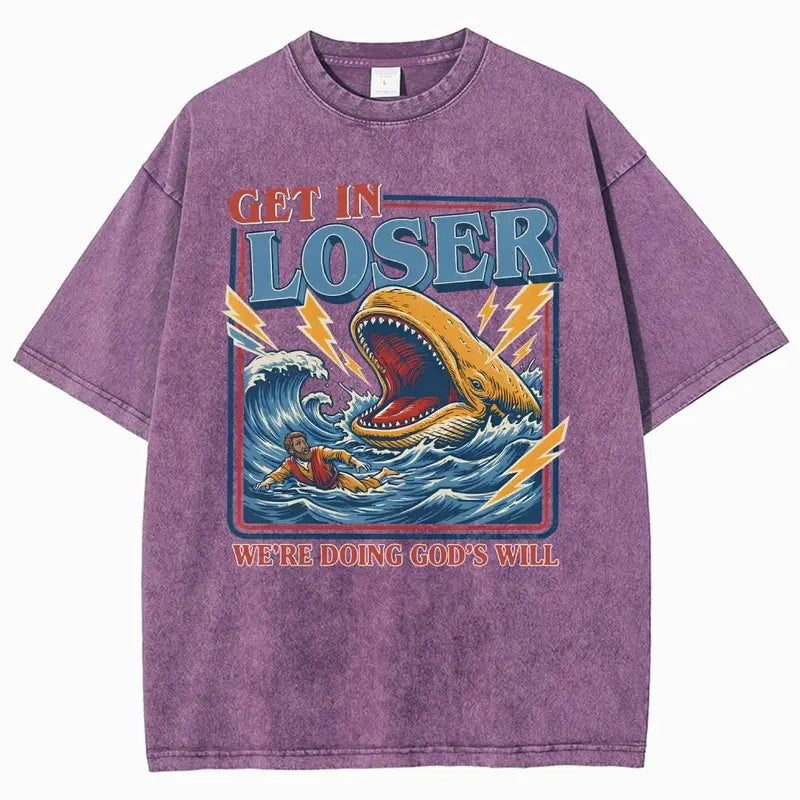 Men's Unisex Cotton Round Neck Oversized Washed T-Shirt - Jesus Christian Streetwear, Jonah and the Whale Graphic, "Get In Loser We're Doing God's Will" Verse, Faith Humor Fabric Style Religious Gift