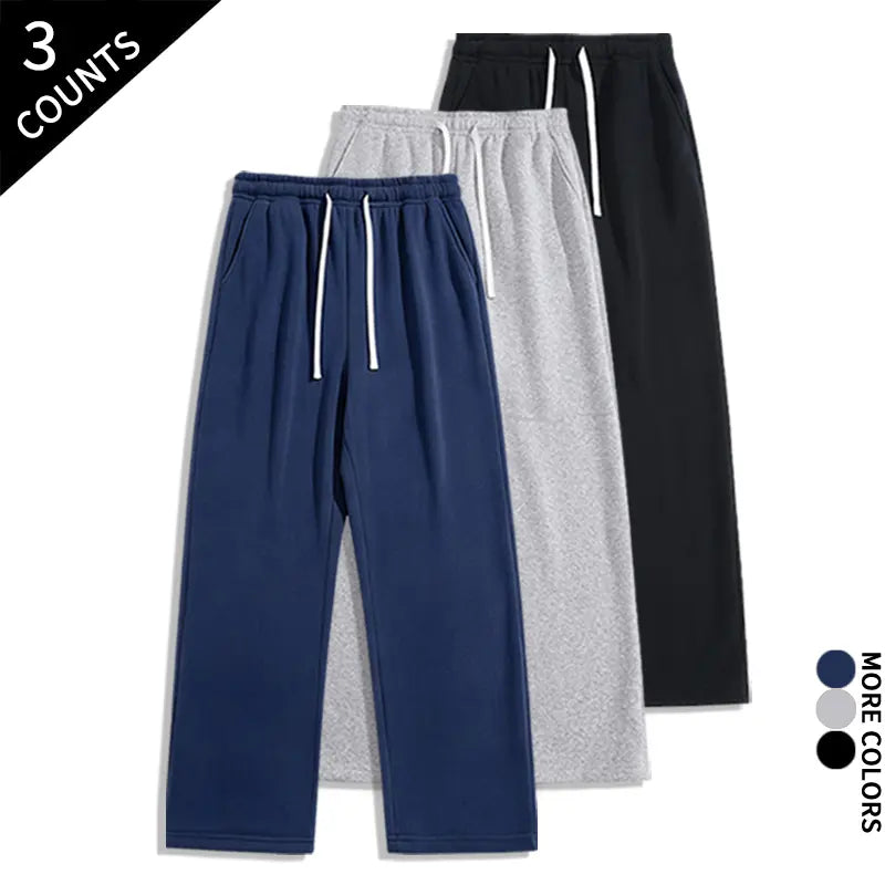 Men's 3-Pack Wide-Leg Athleisure Sweatpants - Soft Polyester Stretch Fabric, Drawstring Elastic Waist, Loose-Fit Full Length, Wide-Leg Street Fit for Daily Workout, Outdoors