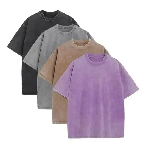 Men's 4-Pack Baggy Oversized Heavyweight Acid Wash Cotton Short-Sleeve Classic Crew Neck Tees - Loose-Fit, Breathable Cotton Keeps Workouts Cool, Built for Gym Street Lounge, Easy-Care Tops (Black, Coffee, Grey)