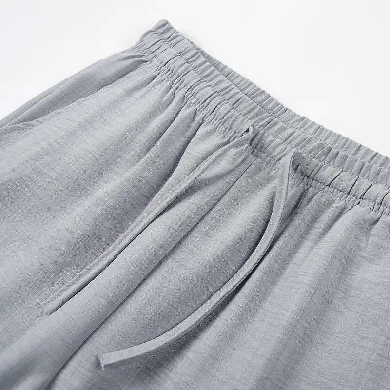 Men’s Retro Summer Lightweight Plain Pants - 100% Polyester, Loose Fit, Drawstring Tie, Breathable, Stylish, Minimalist Design, Belt-Ready for Indoor Gatherings, Outdoor Activities