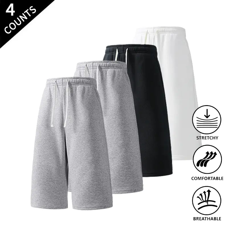 Men's Plain Stretchy Polyester Mid-Calf Cropped Trousers 4-Pack - Activewear Bottoms, Move with Ease, Outdoor Ready for Casual Use - Light Gray, Black, Rose Red, Navy Blue