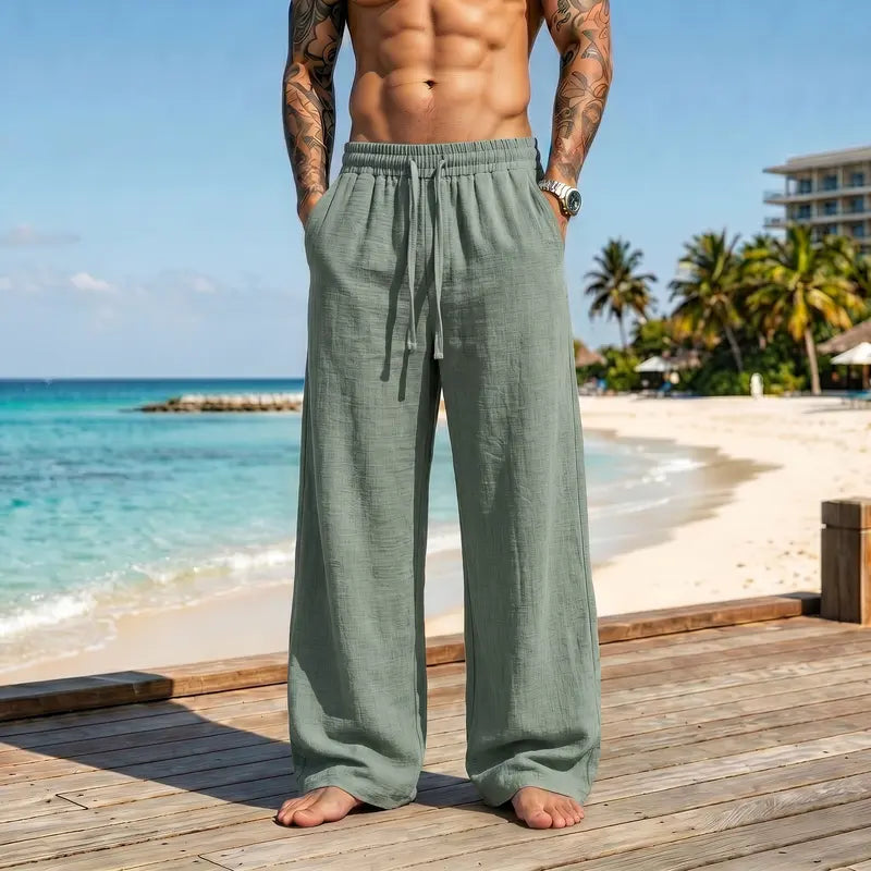 Men’s Retro Summer Lightweight Plain Pants - 100% Polyester, Loose Fit, Drawstring Tie, Breathable, Stylish, Minimalist Design, Belt-Ready for Indoor Gatherings, Outdoor Activities