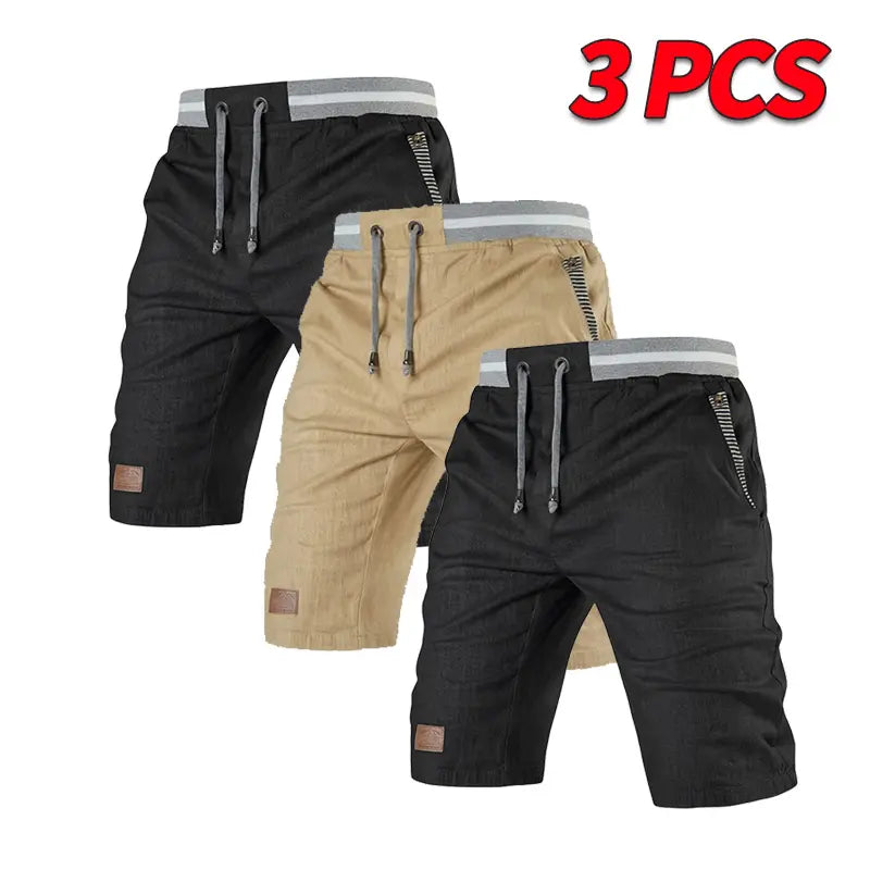 Men’s Classic Relaxed High Waist Quick-Dry Bermuda Shorts 3-Pack - Soft, Breathable, Wear-Resistant Fabric, Adjustable Elastic Waistband with Drawstring, Striped Pockets, Leather Patch, Contrast Binding, Fashion Menswear Basics for Outdoors, Commuting
